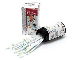 Urine reagent test strips and container for home medical use, box packaging in background