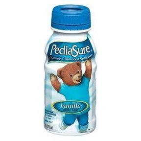 PediaSure vanilla nutritional drink bottle with bear mascot and blue cap on white background