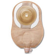 Beige ostomy pouch with adhesive barrier and drainage outlet on white background