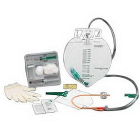 Sterile medical urine drainage bag kit with catheter, gloves, and instruction sheet