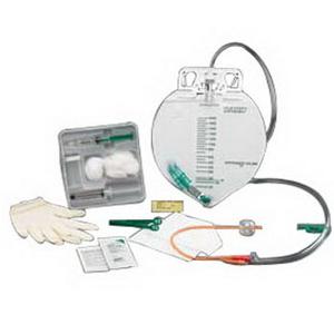Sterile medical urine drainage bag kit with catheter, gloves, and instruction sheet