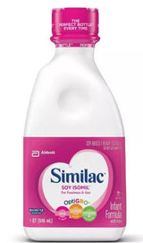 Similac Soy Isomil infant formula bottle, ready-to-feed, soy-based, 1 quart size.