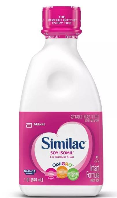 Similac Soy Isomil infant formula bottle, ready-to-feed, soy-based, 1 quart size.