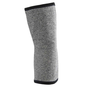 Gray compression knee sleeve support with black trim for joint pain relief