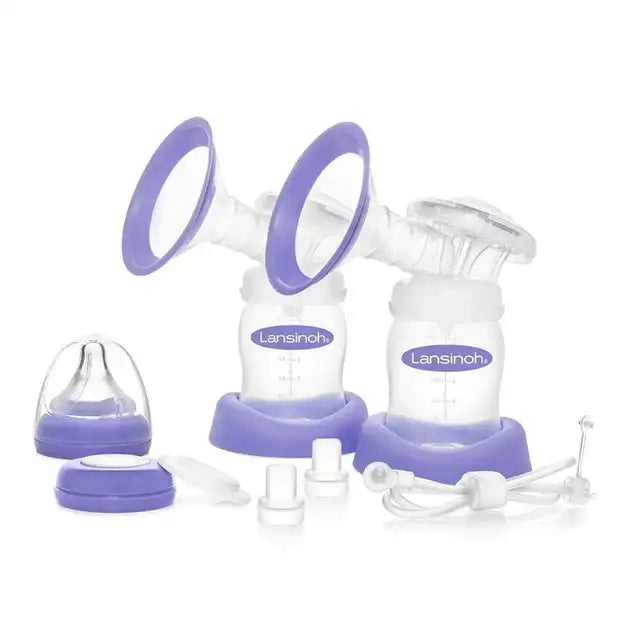 Double electric breast pump kit with bottles, lids, and accessories on white background