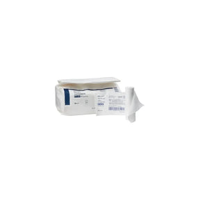 Sterile medical gauze bandage rolls in a white and blue package on a plain background