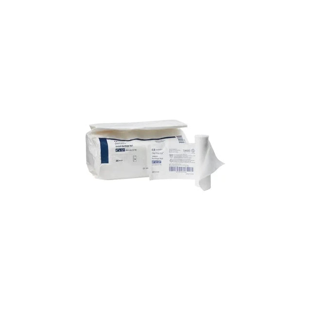 Sterile medical gauze bandage rolls in a white and blue package on a plain background