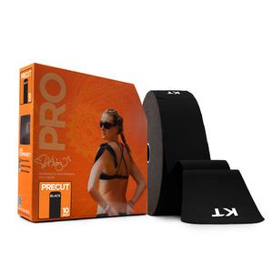 Precut black kinesiology tape roll next to orange box with woman applying tape on shoulder