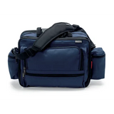 Navy blue medical supply bag with padded shoulder strap and multiple zippered compartments