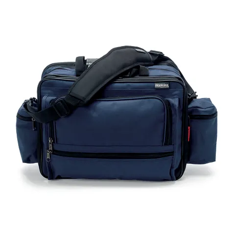 Navy blue medical supply bag with padded shoulder strap and multiple zippered compartments