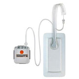 Portable medical infusion pump with attached adhesive patch and tubing for home use