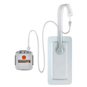 Portable medical infusion pump with attached adhesive patch and tubing for home use