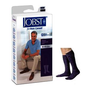 JOBST for Men Casual compression socks packaging next to man wearing dark knee-high socks