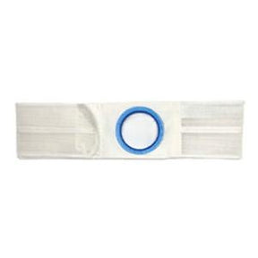 White ostomy belt with blue ring, adjustable medical support for stoma care