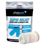 Cooling bandage for joint and muscle pain relief with product packaging and rolled bandage.