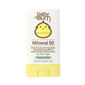 Baby Bum Mineral 50 sunscreen face stick, SPF 50, fragrance free, vegan, yellow cap