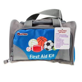 Gray and blue sports-themed first aid kit bag with handle and illustrated balls on front