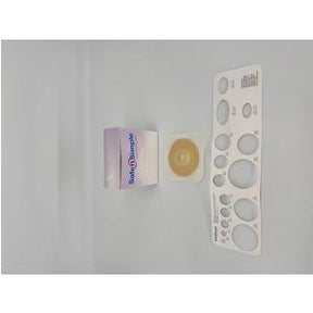 Ostomy barrier ring with measuring guide and product box on a white background