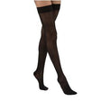 Pair of sheer black thigh-high compression stockings on legs, medical support hosiery
