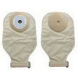 Two beige ostomy pouches with circular adhesive barriers for medical use