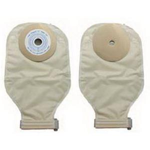 Two beige ostomy pouches with circular adhesive barriers for medical use