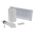 Medical irrigation kit with plastic container, syringe, tray, and accessories on white background