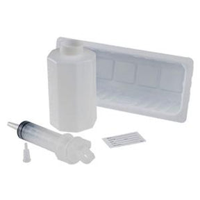 Medical irrigation kit with plastic container, syringe, tray, and accessories on white background