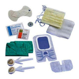Medical supplies kit with face mask, wipes, gloves, dressings and swabs on white background