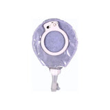 Closed gray ostomy pouch with circular filter and plastic closure for stoma care