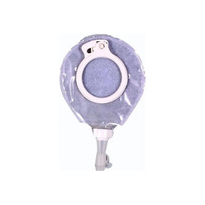 Closed gray ostomy pouch with circular filter and plastic closure for stoma care