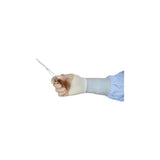 Hand in medical glove and gown holding surgical scissors, sterile medical supplies
