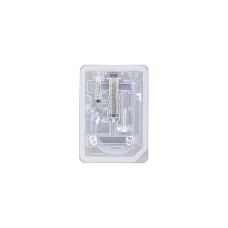 Sterile medical supply kit with syringes and tubing in clear plastic packaging