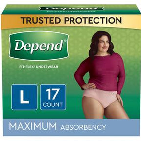 Depend Fit-Flex Underwear Maximum Absorbency large size 17-count box with model on packaging.