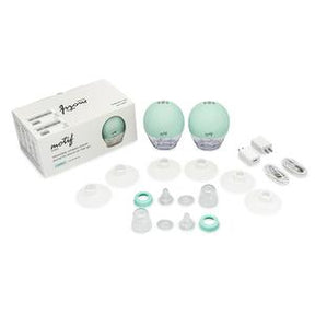 Motif portable breast pump set with accessories, charging cables, and product box