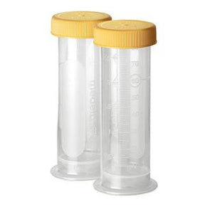 Two clear plastic medical specimen collection containers with yellow screw-on lids