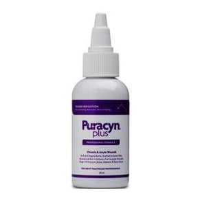 Puracyn Plus wound care solution bottle with purple label, medical supplies