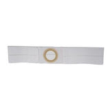 White ostomy belt with circular opening for medical support and secure pouch attachment