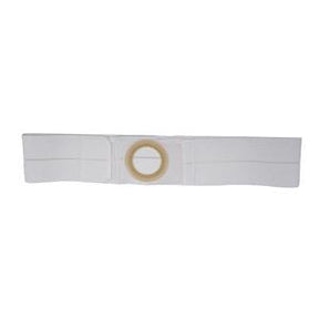 White ostomy belt with circular opening for medical support and secure pouch attachment
