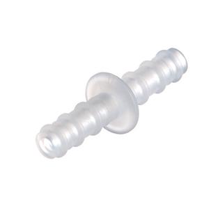 Transparent plastic tube connector for medical supply tubing on white background