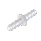 Transparent plastic tube connector for medical supply tubing on white background