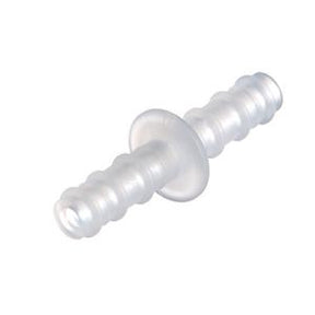 Transparent plastic tube connector for medical supply tubing on white background