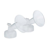 Pair of clear plastic breast pump flanges for medical supply use