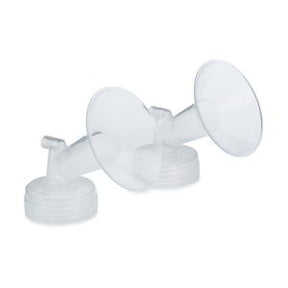 Pair of clear plastic breast pump flanges for medical supply use