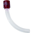 Curved medical feeding tube with transparent body and red cap on white background