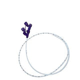Dual lumen medical catheter with purple connectors on a white background