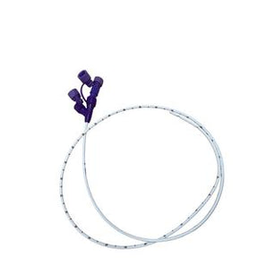 Dual lumen medical catheter with purple connectors on a white background
