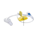 medical infusion set with butterfly needle and yellow safety wings for vascular access
