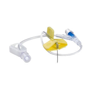 medical infusion set with butterfly needle and yellow safety wings for vascular access