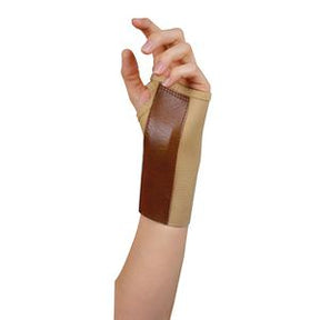 Hand wearing a beige and brown wrist support brace for pain relief and support