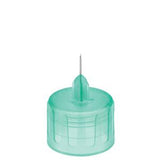 Green sterile hypodermic needle with protective cap for medical use on white background